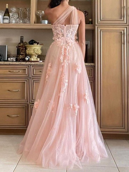 Robe de bal longue asymétrique en dentelle rose à fleurs et fente J5063