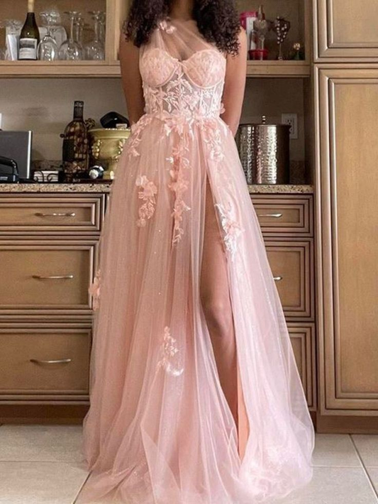 One Shoulder Pink Lace Floral Long Prom Dresses With Slit J5063