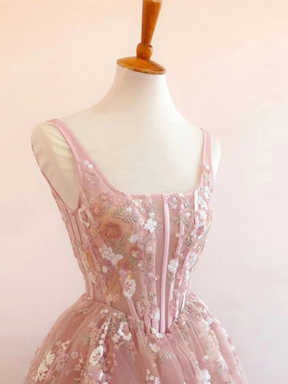 Robe de bal trapèze en dentelle florale rose, robe de soirée formelle J5066