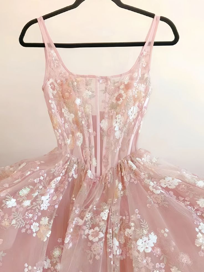 Robe de bal trapèze en dentelle florale rose, robe de soirée formelle J5066