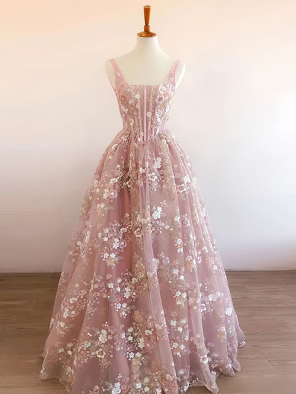 Robe de bal trapèze en dentelle florale rose, robe de soirée formelle J5066