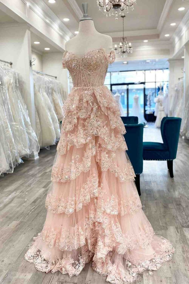 A Line Off The Shoulder Lace Long Prom Dress Pink Party Dress J5067