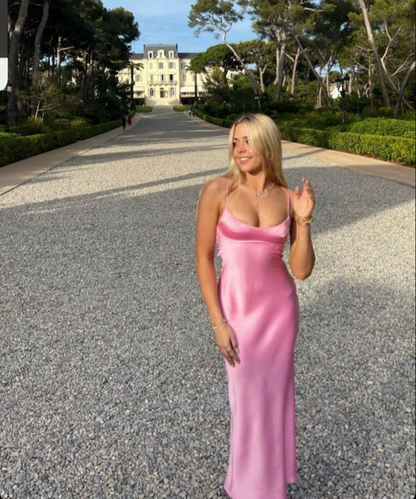 Robe de bal fourreau rose longue en satin, robe de soirée simple J5068