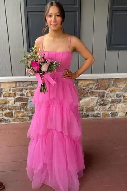 Robe de bal longue rose vif à bretelles et volants, coupe trapèze, J5082