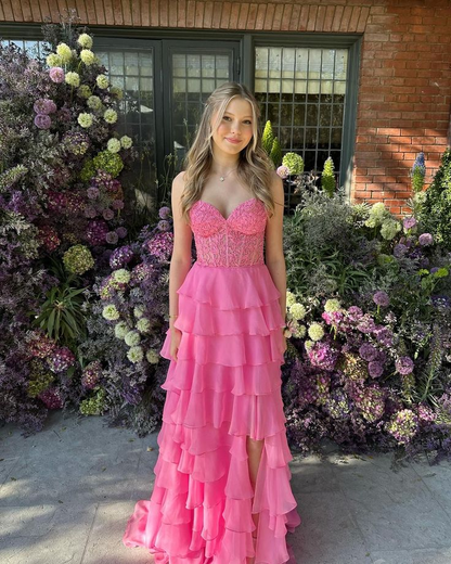 Robe de soirée rose à appliques perlées et dentelle J5083
