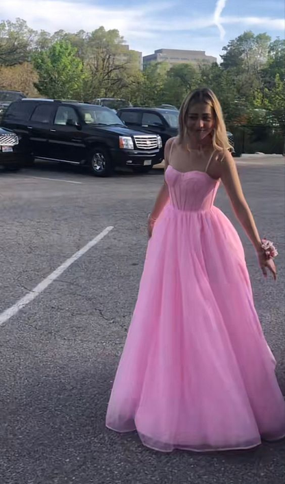 Robe de soirée rose à bretelles spaghetti, coupe trapèze, J5084