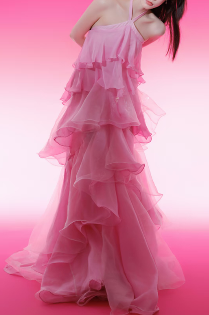 Robe de bal longue rose à volants et dos nu, tenue de soirée formelle J5086