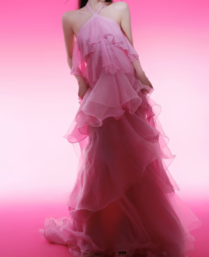 Robe de bal longue rose à volants et dos nu, tenue de soirée formelle J5086