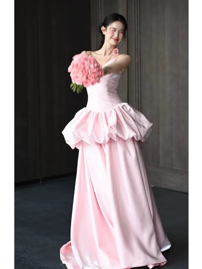 Robe de bal longue rose coupe trapèze, jolie robe de soirée formelle J5088
