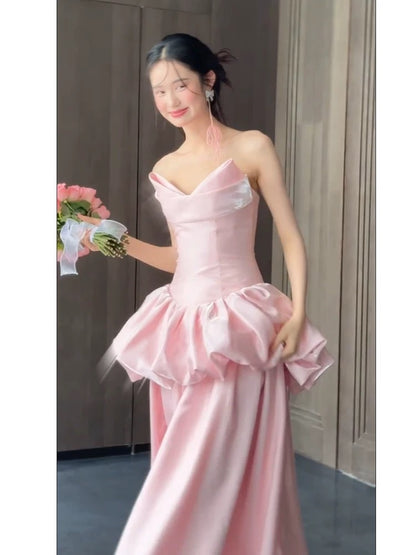 Robe de bal longue rose coupe trapèze, jolie robe de soirée formelle J5088