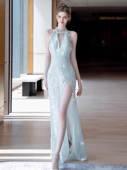Robe de soirée longue sirène à sequins et dos nu J5090