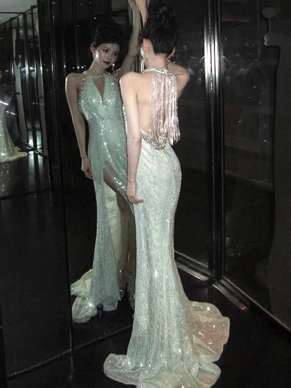 Robe de soirée longue sirène à sequins et dos nu J5090
