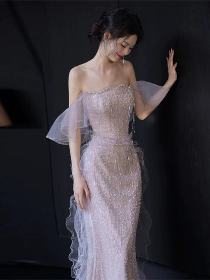 Robe de bal longue style sirène sans bretelles, à volants et sequins, J5091