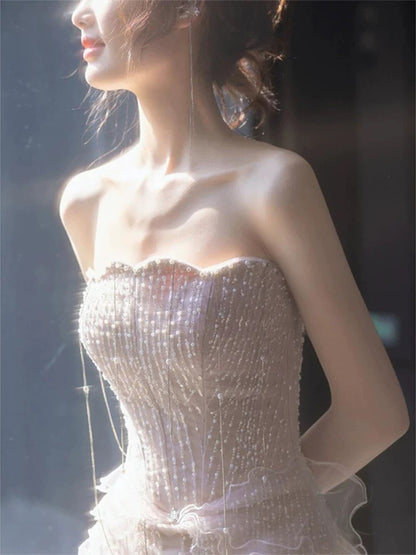 Robe de bal longue style sirène sans bretelles, à volants et sequins, J5091