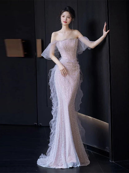 Robe de bal longue style sirène sans bretelles, à volants et sequins, J5091