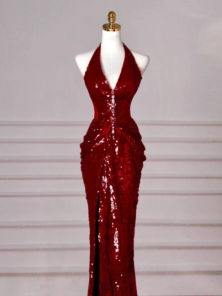 Halter Red Sequin Mermaid Long Prom Dress Evening Party Dress J5092