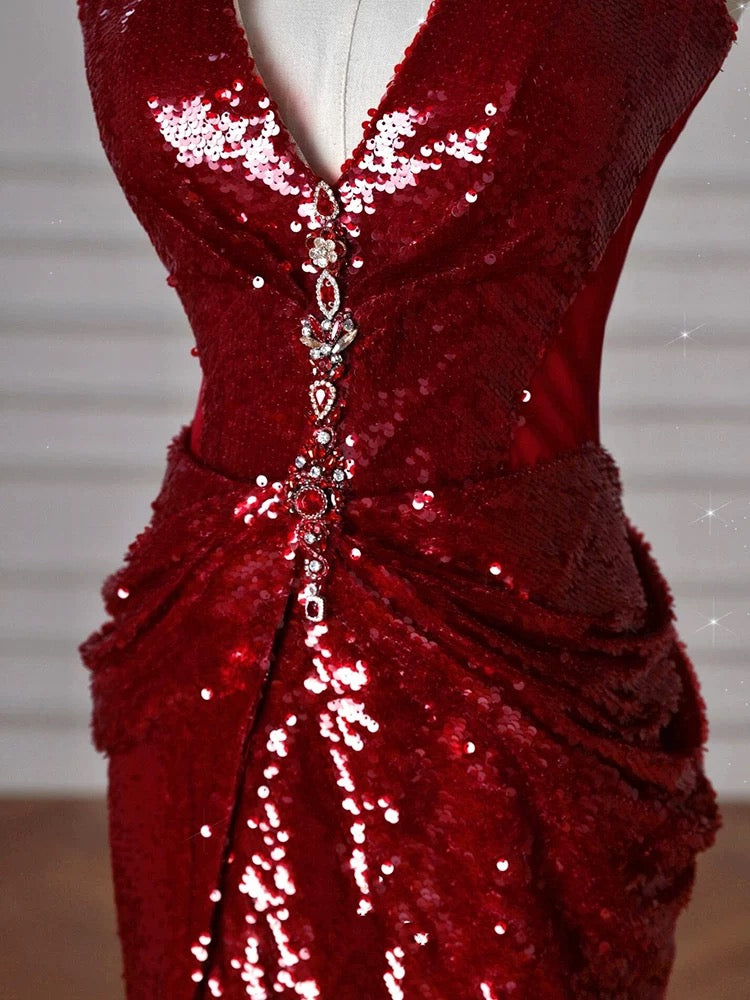 Halter Red Sequin Mermaid Long Prom Dress Evening Party Dress J5092