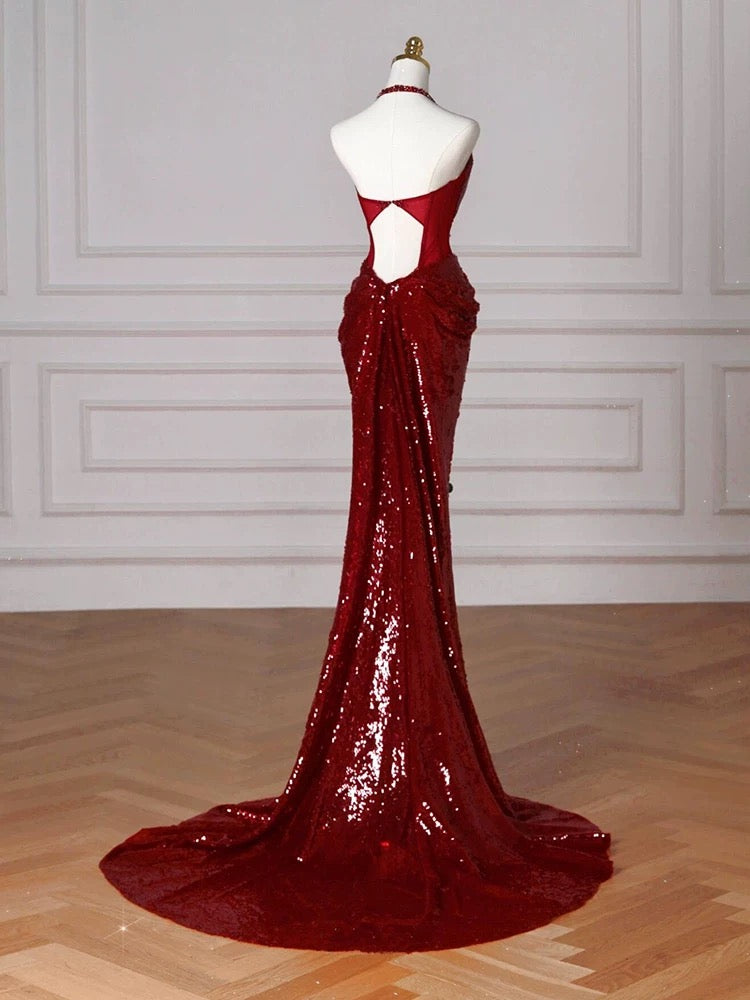 Halter Red Sequin Mermaid Long Prom Dress Evening Party Dress J5092