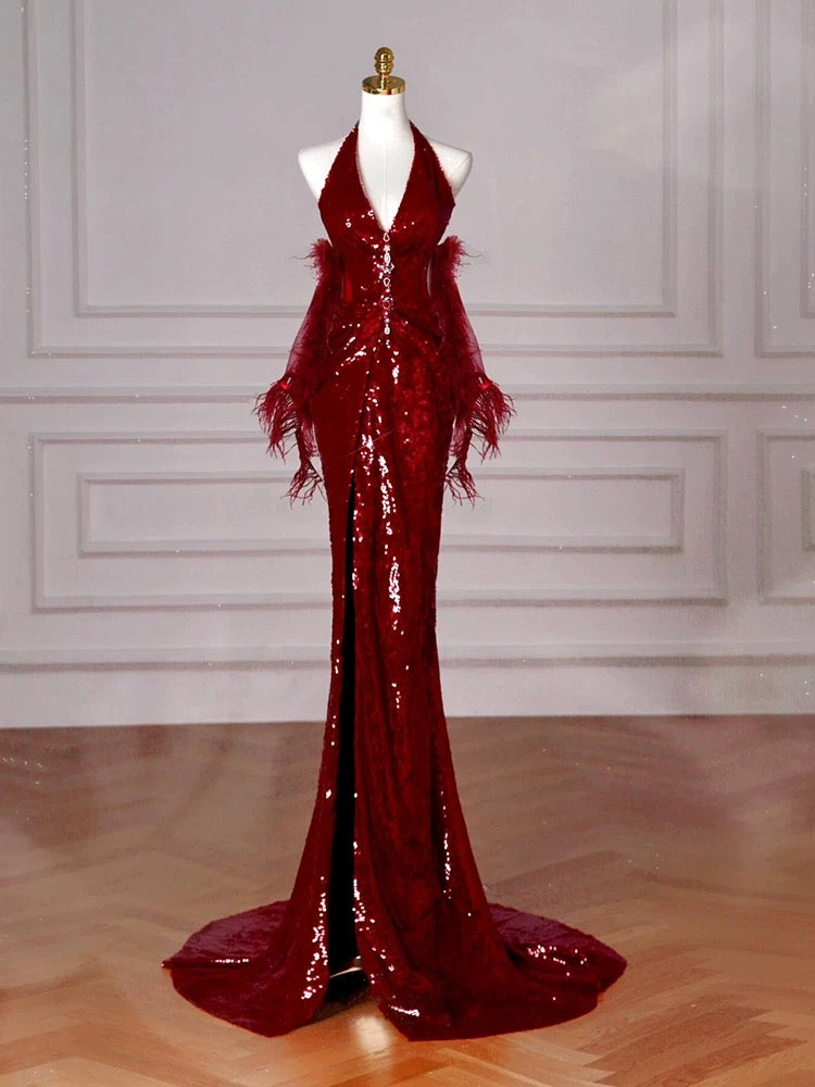 Halter Red Sequin Mermaid Long Prom Dress Evening Party Dress J5092