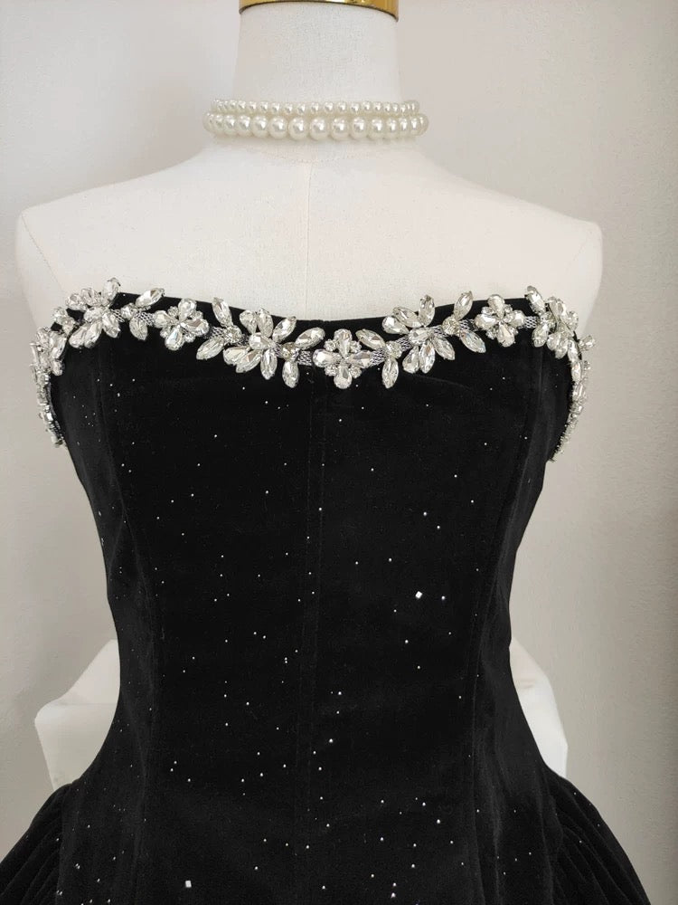 Strapless Short Black Prom Dress Beaded Evening Party Dress J5095