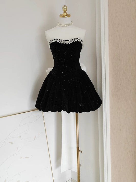 Strapless Short Black Prom Dress Beaded Evening Party Dress J5095