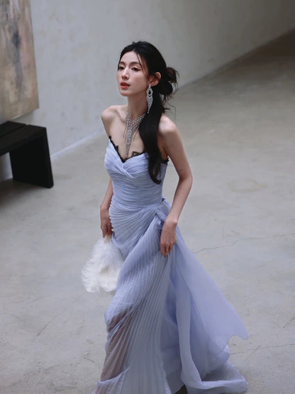 Robe de soirée fourreau plissée lavande chérie J5096
