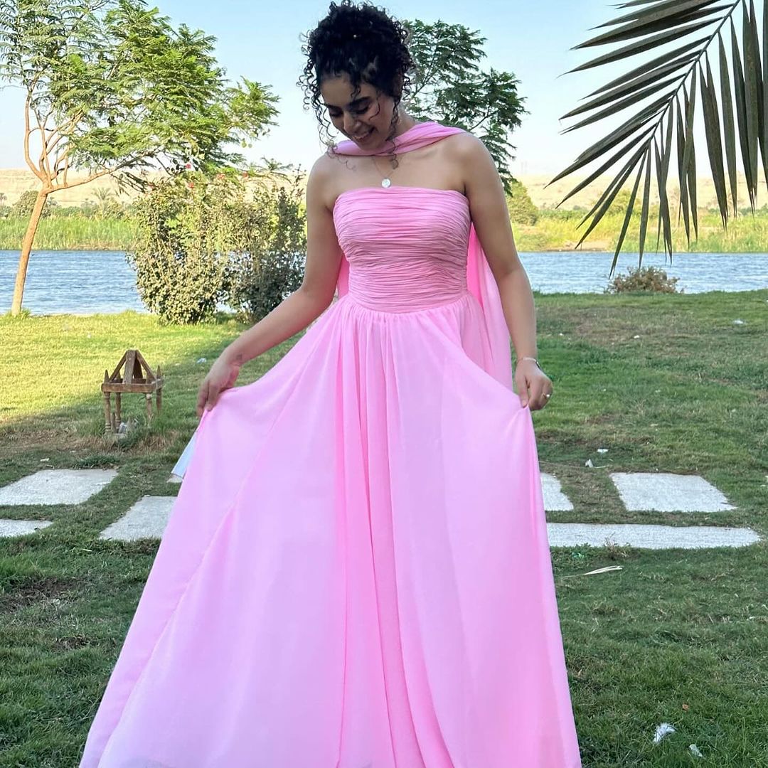 Strapless Pink A Line Long Prom Dress Chiffon Wedding Quest Dress J5098