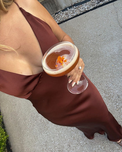 V Neck Brown Sheath Long Prom Dress Satin Evening Dress J5100
