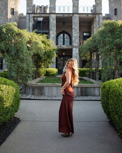V Neck Brown Sheath Long Prom Dress Satin Evening Dress J5100