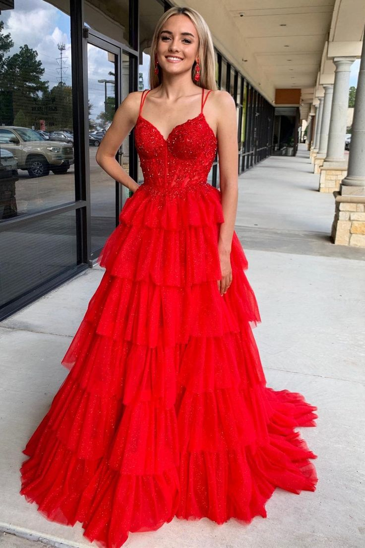 A Line Tulle Red Long Prom Dress Tiered Formal Party Dress J5105