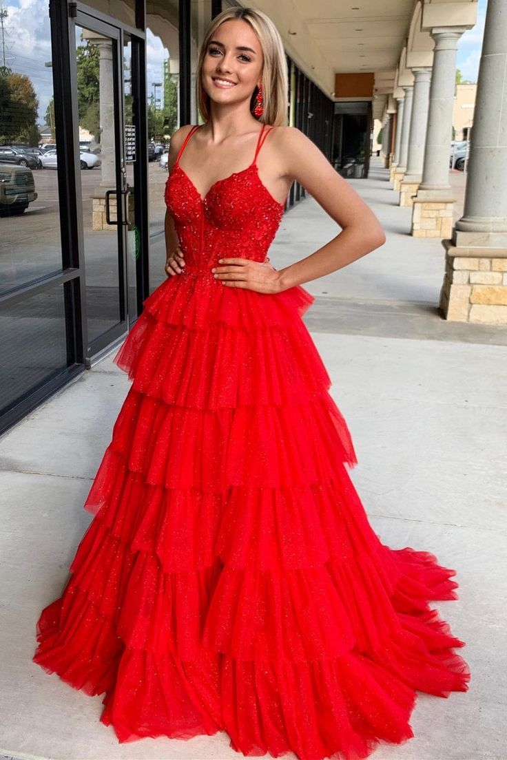 A Line Tulle Red Long Prom Dress Tiered Formal Party Dress J5105