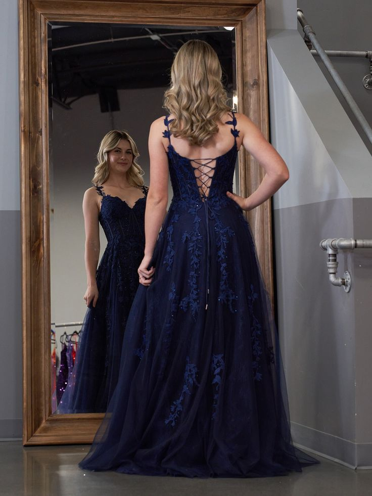 A Line Tulle Navy Blue Long Prom Dress Applique Formal Party Dress J5106