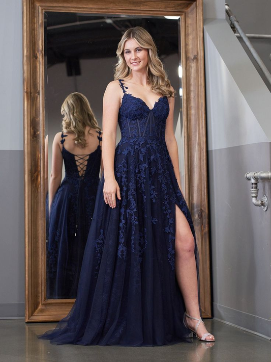 A Line Tulle Navy Blue Long Prom Dress Applique Formal Party Dress J5106