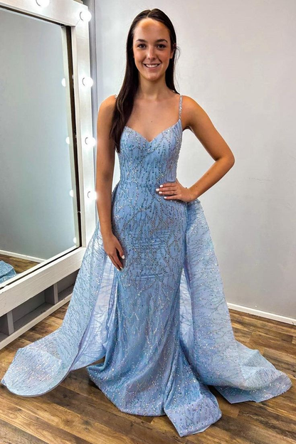Robe de bal longue sirène bleue à paillettes, robe de soirée formelle scintillante J5107