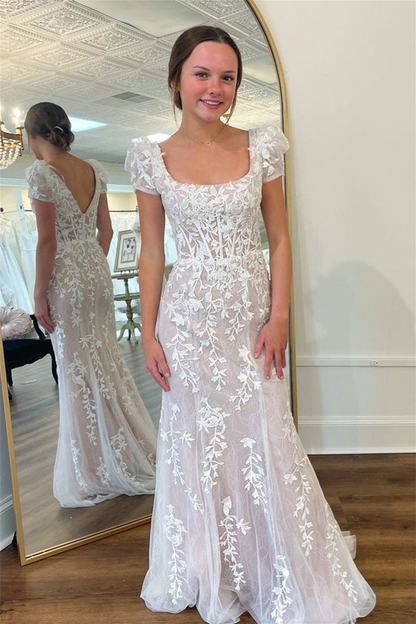 Robe de bal sirène à manches courtes et longue avec appliques J5108