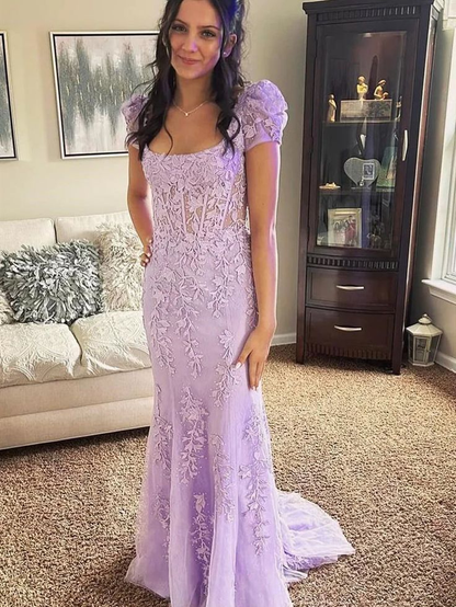 Robe de bal sirène à manches courtes et longue avec appliques J5108