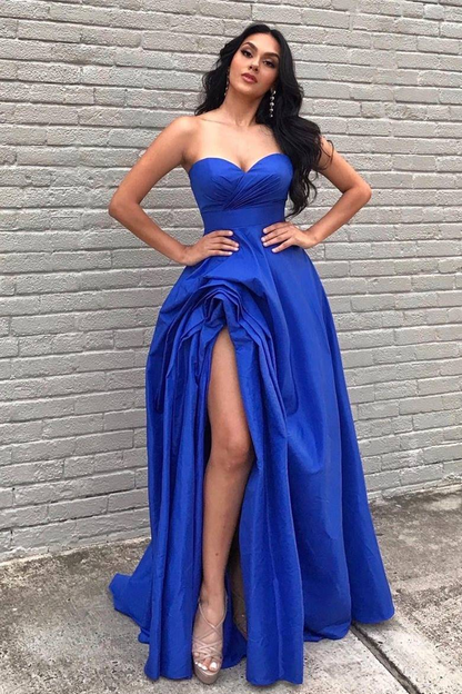 Robe de bal longue bleue trapèze en cœur, robe de soirée formelle J5114