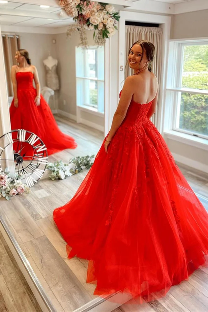 Trägerloses A-Linien-Ballkleid mit Applikationen, langes Tüllkleid, formelles Partykleid J5119