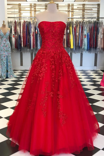 Trägerloses A-Linien-Ballkleid mit Applikationen, langes Tüllkleid, formelles Partykleid J5119