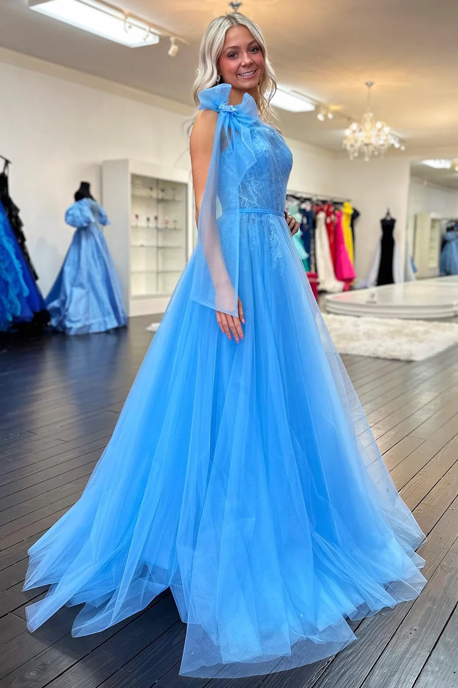 One Shoulder A Line Long Prom Dress Tulle Formal Party Dress J5123