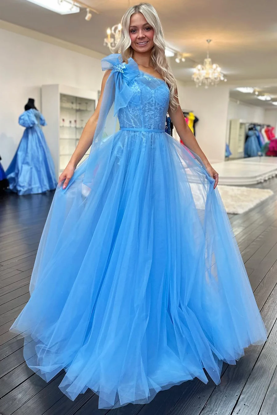 One Shoulder A Line Long Prom Dress Tulle Formal Party Dress J5123