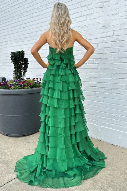 Robe de bal longue bustier coupe trapèze à volants J5125