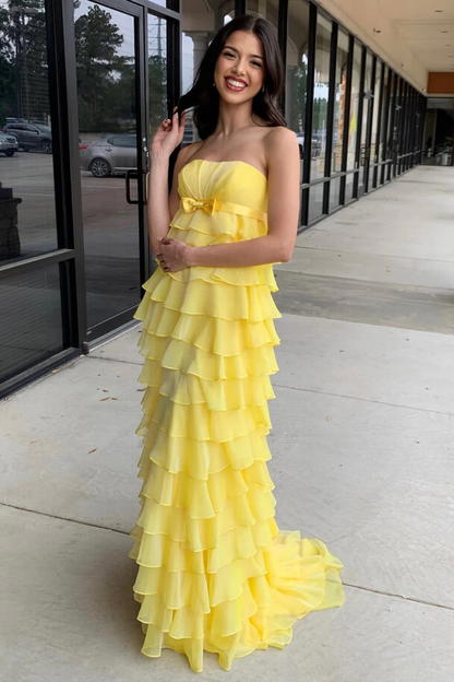 Robe de bal longue bustier coupe trapèze à volants J5125