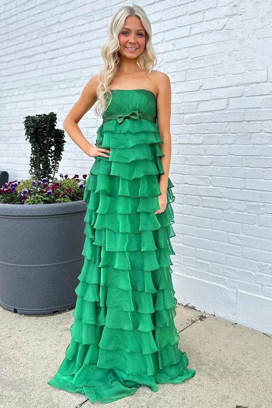 Strapless A Line Long Prom Dress Tiered Formal Party Dress J5125