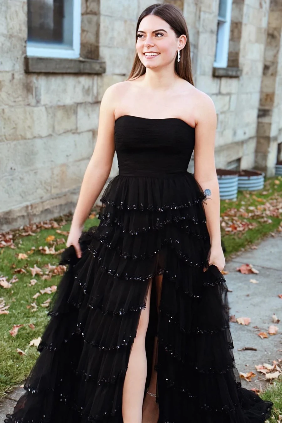 Strapless A Line Long Prom Dress Lace Slit Formal Party Dress J5127