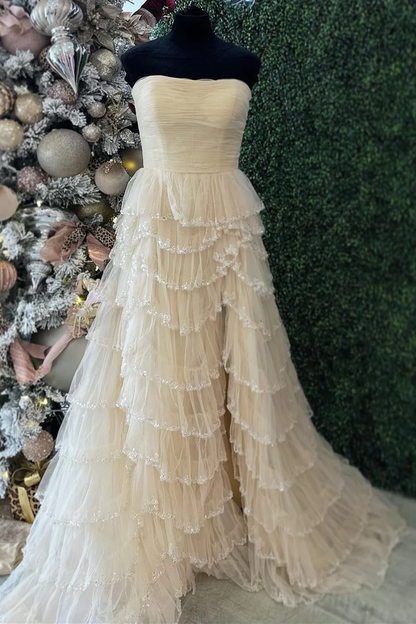 Robe de bal longue bustier en dentelle fendue, robe de soirée formelle J5127