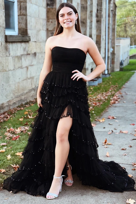 Strapless A Line Long Prom Dress Lace Slit Formal Party Dress J5127