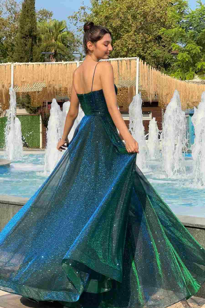 A Line Green Long Prom Dress Sparkling Formal Party Dress J5128