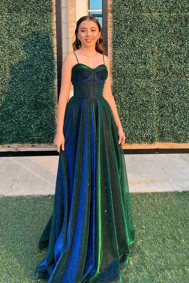 A Line Green Long Prom Dress Sparkling Formal Party Dress J5128