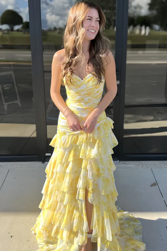 A Line Yellow Printed Long Prom Dress Tiered Slit Formal Party Dress J5129